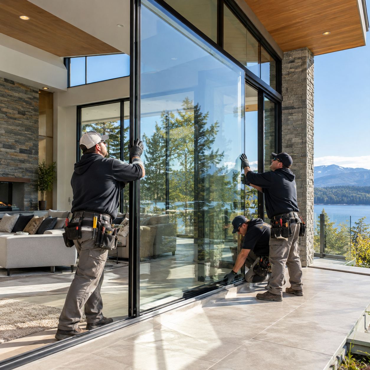Large professional glass installation in progress